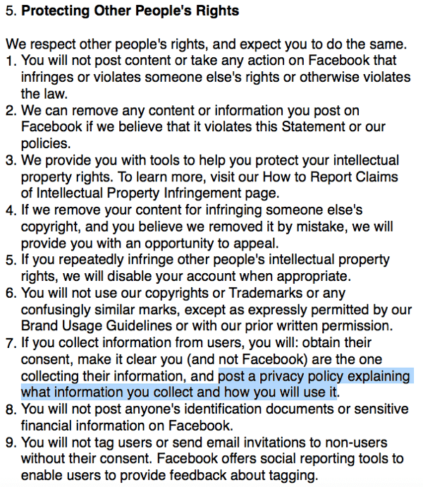 Условия на Facebook, очертаващи изискванията на политиката за поверителност.