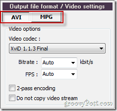 Pazera изберете между AVI или MPG за конвертиране на видео