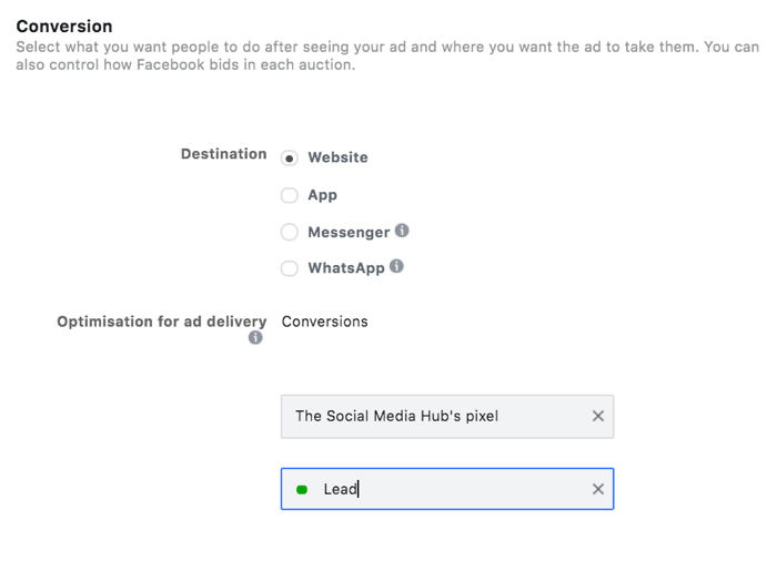 опция за избор на водещо събитие за вашата оптимизация на целта на реализация във facebook ads manager