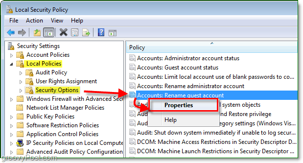 как да промените името на акаунта на акаунта за гости в Windows 7 чрез местната политика за сигурност