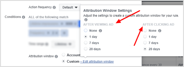Опции за настройки на прозореца за приписване при настройване на условие за правило на Facebook