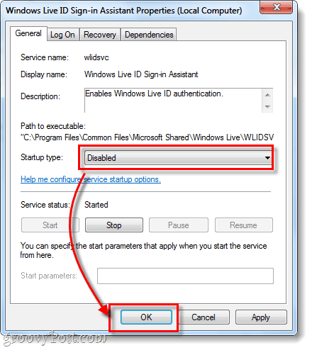деактивиран тип стартиране на Windows Live ID вход асистент
