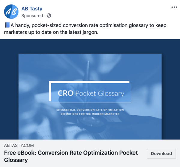 Рекламни техники във Facebook, които дават резултати, пример от AB Tasty, предлагащ безплатно съдържание