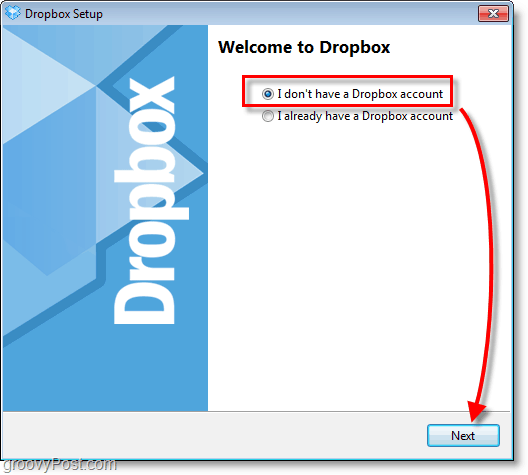 Снимка на Dropbox - изберете да създадете нов акаунт