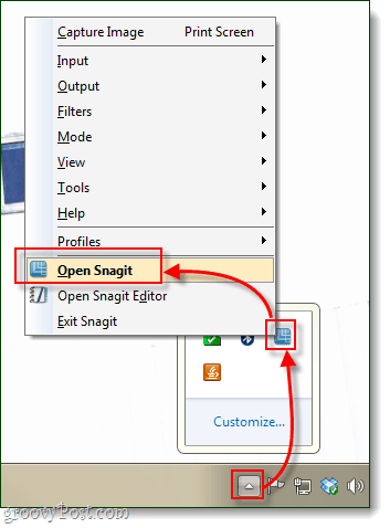 отворен snagit от системната област на Windows 7