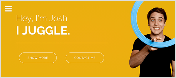 Уебсайтът на Джош Хортън за жонглиране има жълт фон, снимка на Джош, който се усмихва и върти светлосин жонглиращ пръстен около показалеца си и бял текст, който казва „Хей, аз съм Джош“ Жонглирам.