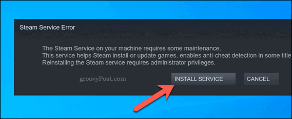 Опция за повторно инсталиране на услугата за грешка в услугата Steam