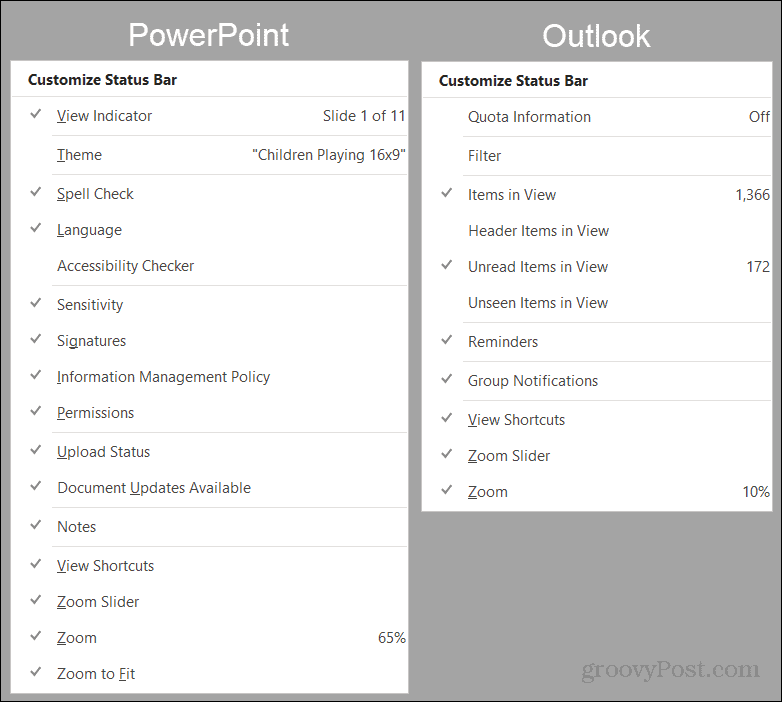 Опции на лентата на състоянието на PowerPoint и Outlook