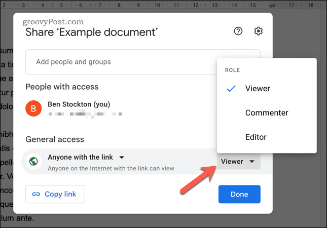 Задайте опции за връзка за споделяне в Google Документи
