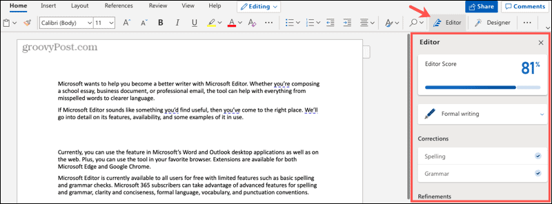 Microsoft Editor в Word в мрежата