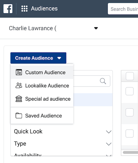 Създайте падащо меню Аудитория в раздела Аудитории на Facebook Ads Manager