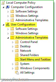 в прозореца на местната групова политика на Windows 7, прегледайте потребителската конфигурация, административните шаблони и след това стартирайте менюто и лентата със задачи