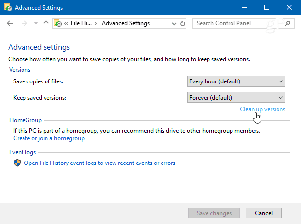 Почистване на версии Windows 10 История на файловете