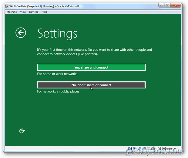 VirtualBox Windows 8 инсталирате ли инсталационната настройка споделяте или не споделяте настройката?