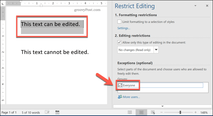 Ограничаване на достъпа за редактиране до текст в Word