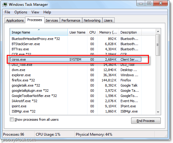 csrss.exe, както се вижда в Windows 7 мениджъра на задачи
