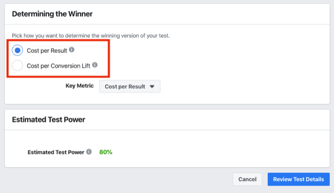 Определяне на раздела за победител в A / B тест за експерименти във Facebook