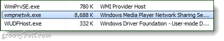 услуга за споделяне на мрежата на медийния плейър на Windows в диспечера на задачите