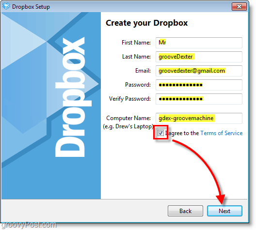 Снимка на Dropbox - въведете информацията за вашия акаунт
