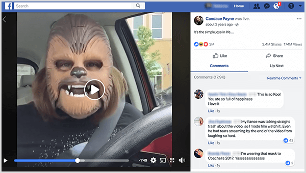 Candace Payne излезе на живо във Facebook с маска на Chewbacca от паркинга на Kohl. По времето, когато е направена тази екранна снимка, нейното видео е имало 3,4 милиона споделяния и 174 милиона гледания.