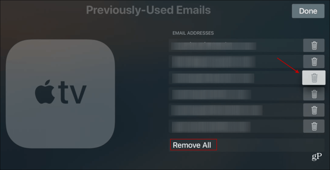 Изтриване на предишно използвани имейли Apple TV