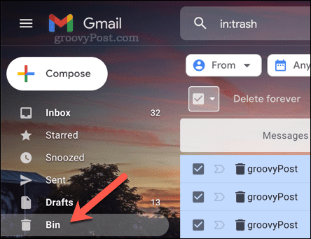 Отваряне на папката Кошче (Кошче) в Gmail