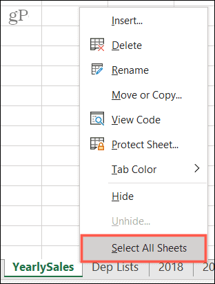 Изберете Всички листове в Excel