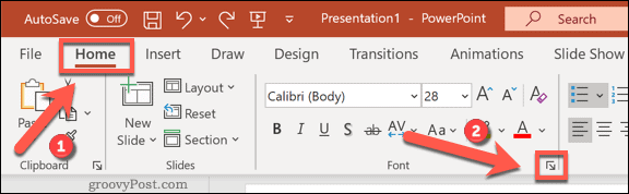 Достъп до менюто с опции за шрифтове в PowerPoint за Windows