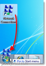 плъзнете прекия път от работния плот до менюто "Старт" за мрежови връзки в Windows 7 лесен достъп