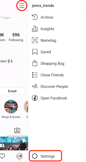 Плъзгащо се меню за бизнес профил в Instagram с опция Настройки