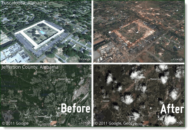 Вижте След афектите на последните толадота в Алабама чрез Picasa на Google Earth
