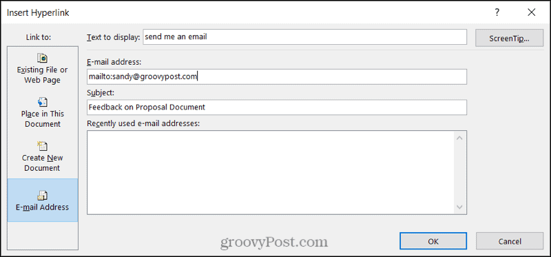 Връзка към имейл в Word в Windows