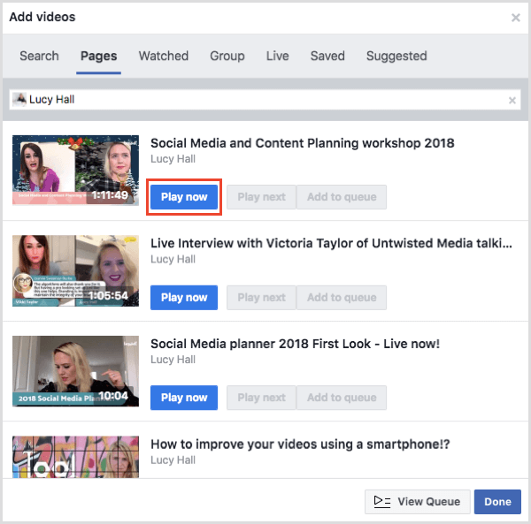 Щракнете върху Възпроизвеждане сега, за да започнете да възпроизвеждате видео по време на вашето парти за гледане във Facebook.