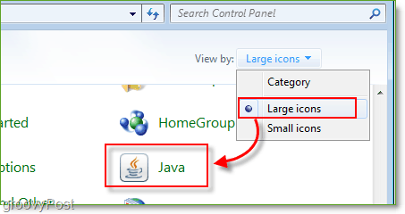 Снимка на екрана: Windows 7 Control Panel Стартиране на Java
