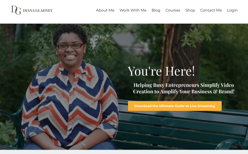 екранна снимка на уебсайта на Даяна Гладни, подчертавайки желанието й да помогне на заетите предприемачи да опростят създаването на видео