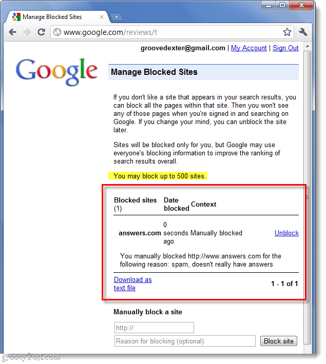 списък на блокираните от Google уебсайтове