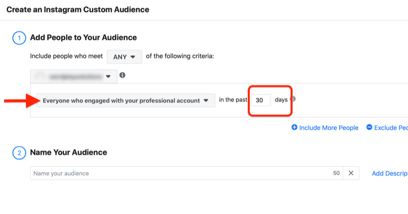 меню за създаване на потребителска аудитория в Instagram с опция за добавяне на хора, които са се ангажирали с вашия професионален акаунт през последните 30 дни
