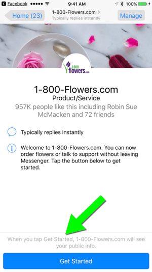 Изпращането на съобщение до 1-800-Flowers.com чрез страницата им във Facebook улеснява потребителите да станат клиенти.