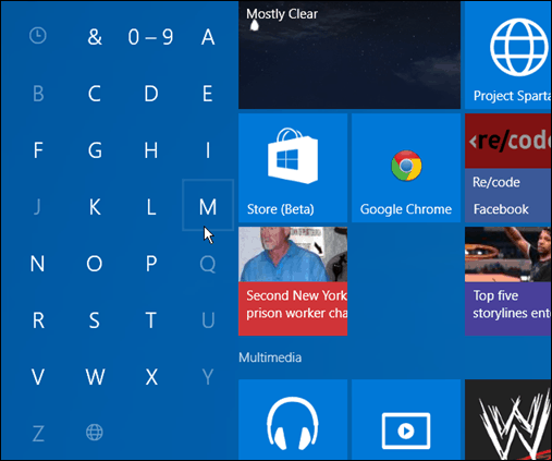 Търсете приложения с първа буква Windows 10