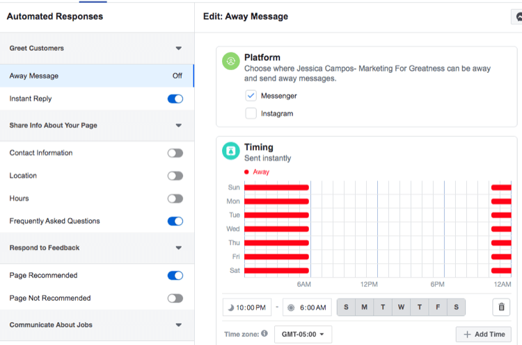 екранна снимка на настройките за време за автоматичен отговор на съобщението на Facebook Messenger