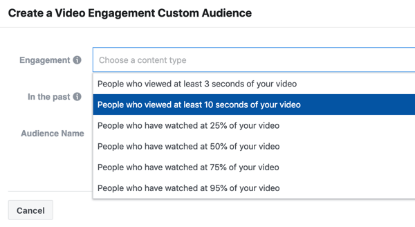Как да популяризирате вашето събитие на живо във Facebook, стъпка 9, създайте видео ангажираща кампания от хора, гледали поне 10 секунди от вашето видео