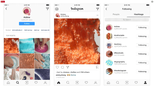 За да направи публикациите и другите потребители още по-откриваеми на платформата, Instagram въведе хаштагове, които потребителите могат да следват и да откриват най-добрите публикации и най-новите истории. 