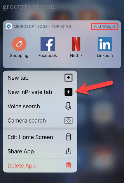 Изберете нов раздел InPrivate от иконата Edge в iOS