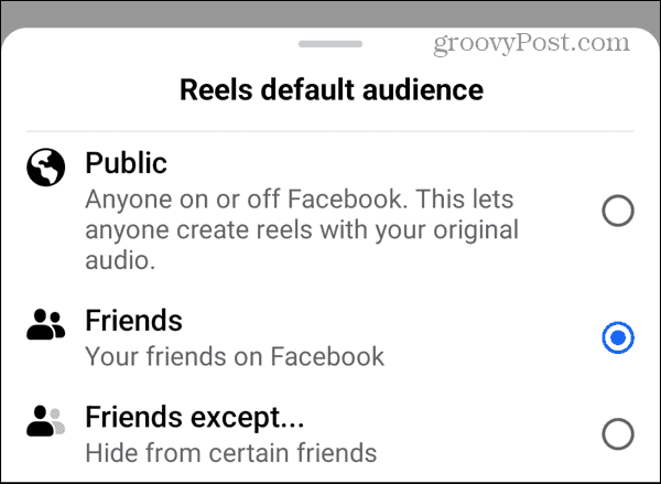 reels настройка за аудитория по подразбиране във facebook