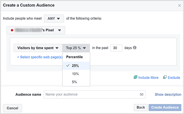 Диалоговият прозорец Facebook Create a Custom Audience има опции за насочване на реклами към клиентите, прекарали най-много време на вашия уебсайт.