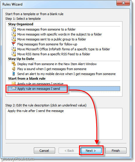 прилагам правило за съобщения, които изпращам в Outlook 2010