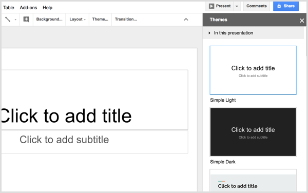 Google Slides изберете тема