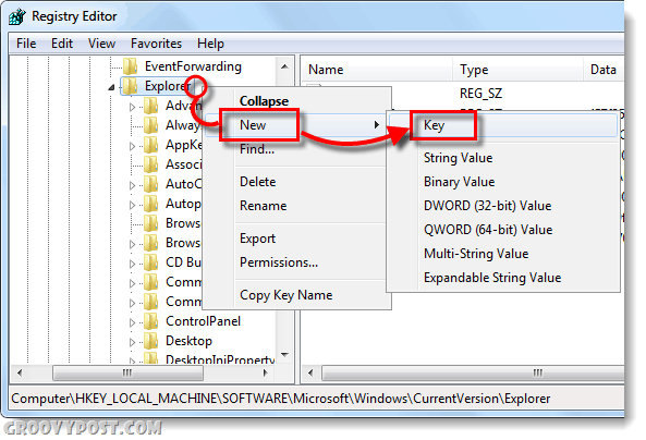 нов ключ в системния регистър на Windows 7