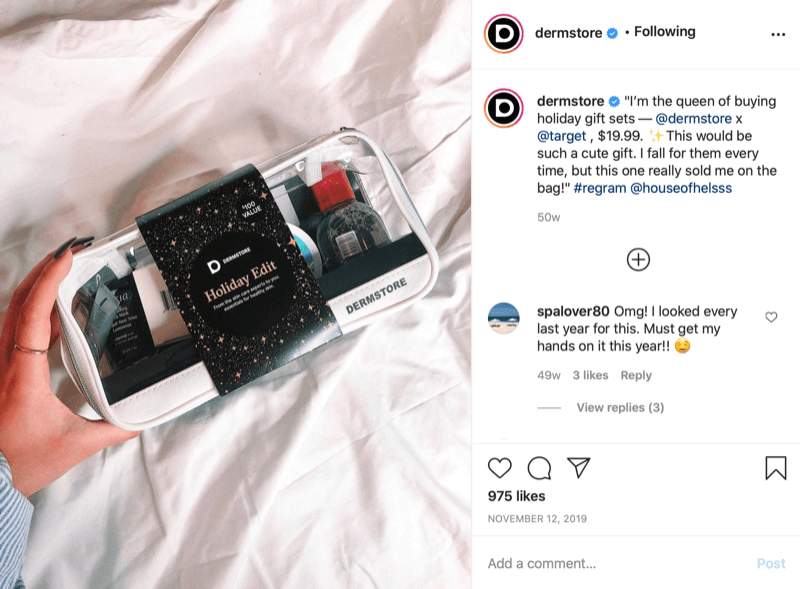 пример за сезонен подарък @dermstore, намерен и споделен чрез публикация в Instagram, отбелязващ продажната цена и маркиращ @target къде се извършва продажбата