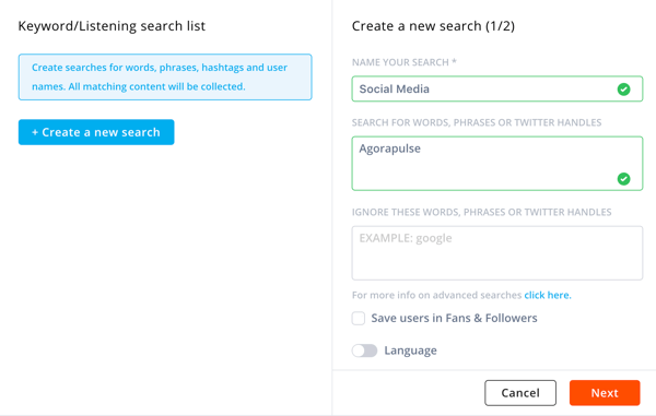 Как да използвам Agorapulse за слушане в социални медии, стъпка 3 подробности за търсене.